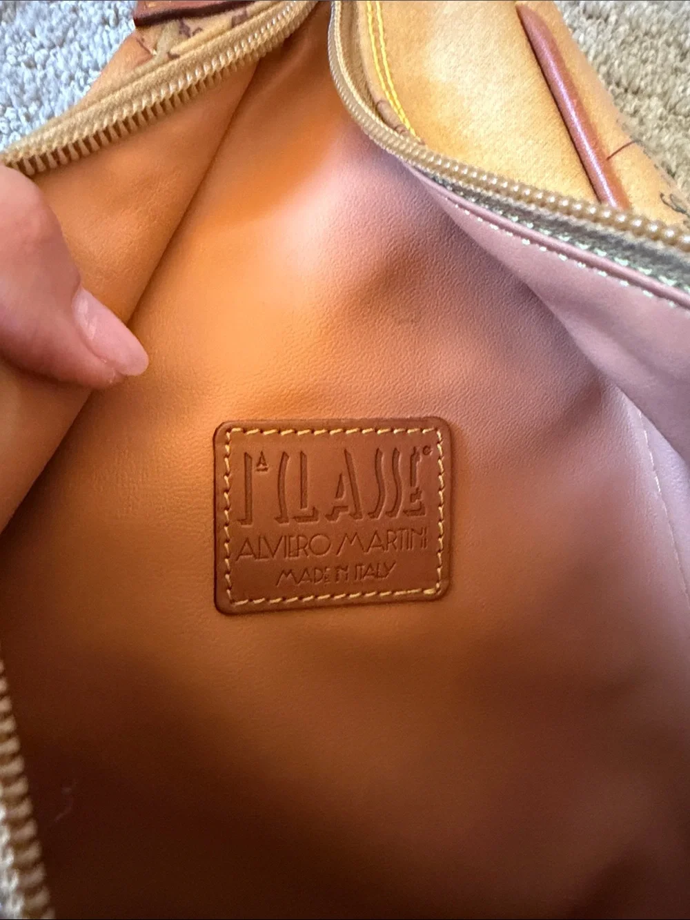 Vintage Alviero Martini 1A Classe Tan Map-Print Leather Sling Shoulder Bag